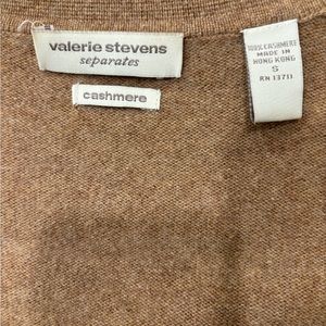 Camel cashmere cardigan by Valerie Stevens, with mother-of-pearl style buttons.